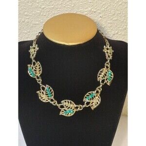 Vintage Gold-Tone Leaf Choker Necklace With Green Beads & Rhinestones, 14"-16"